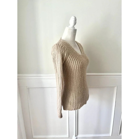 Loft Tan Metallic V Neck Chunky Knit Sweater XSP Petite - Picture 2 of 5